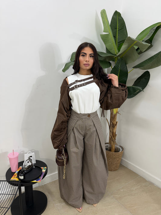 Pantalone quadri marrone -3001