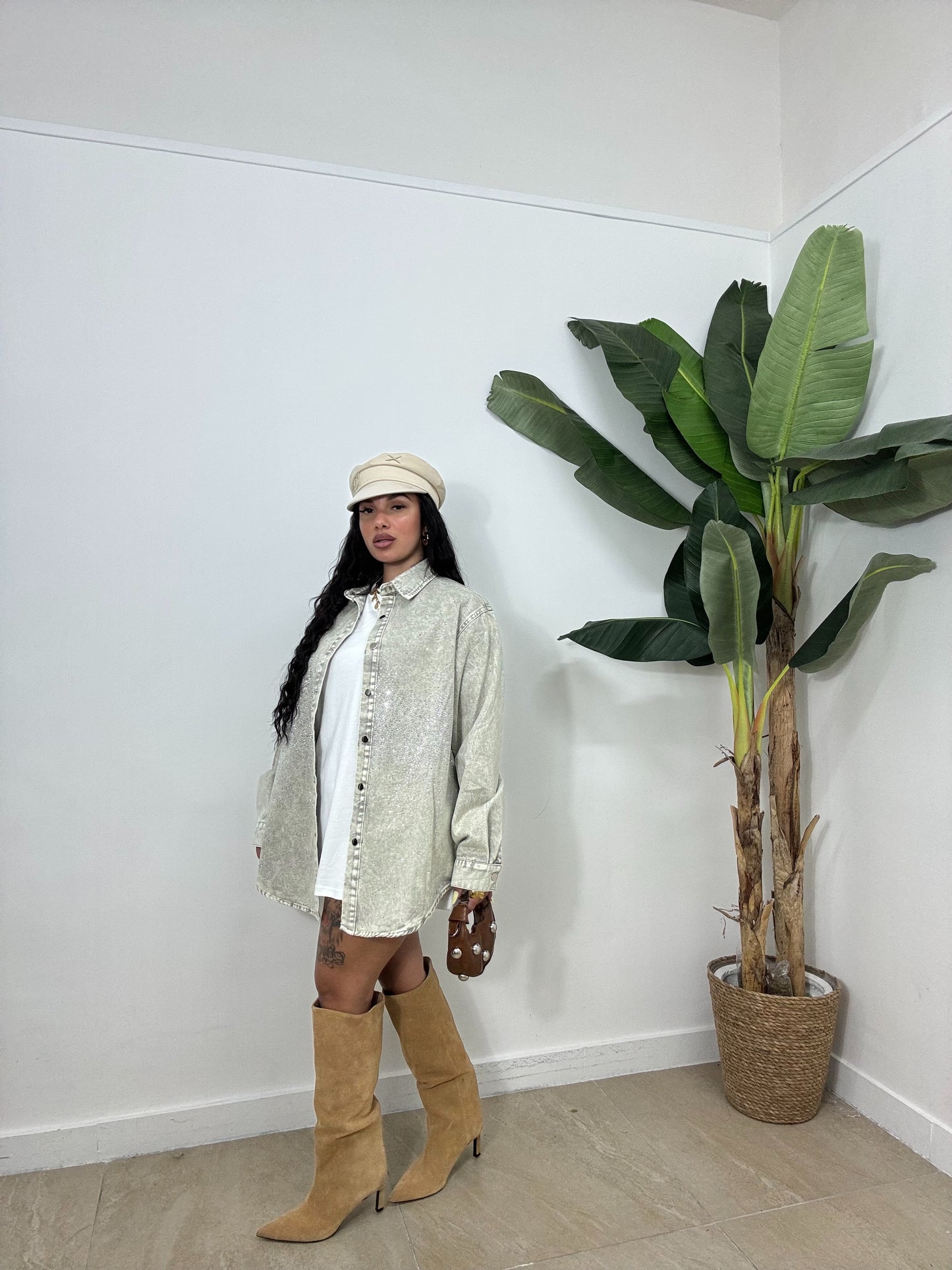 Camicia denim brillantini beige