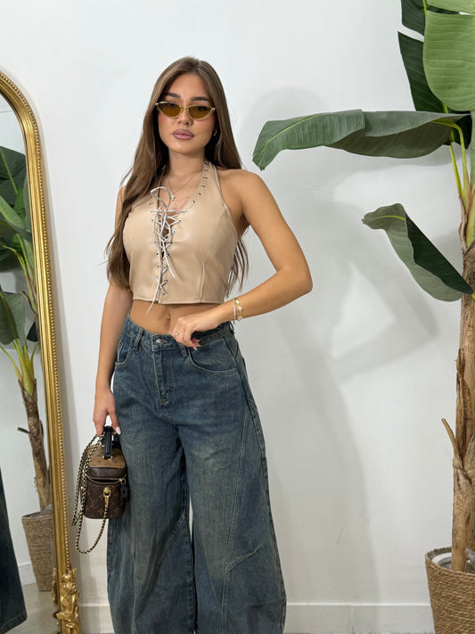 Top in pelle stringato beige -1351