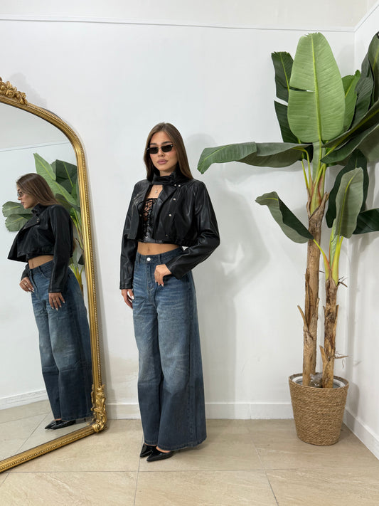 Chiodo crop nero -9021