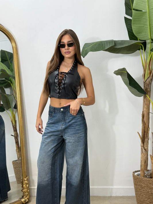 Top in pelle stringato nero -1351