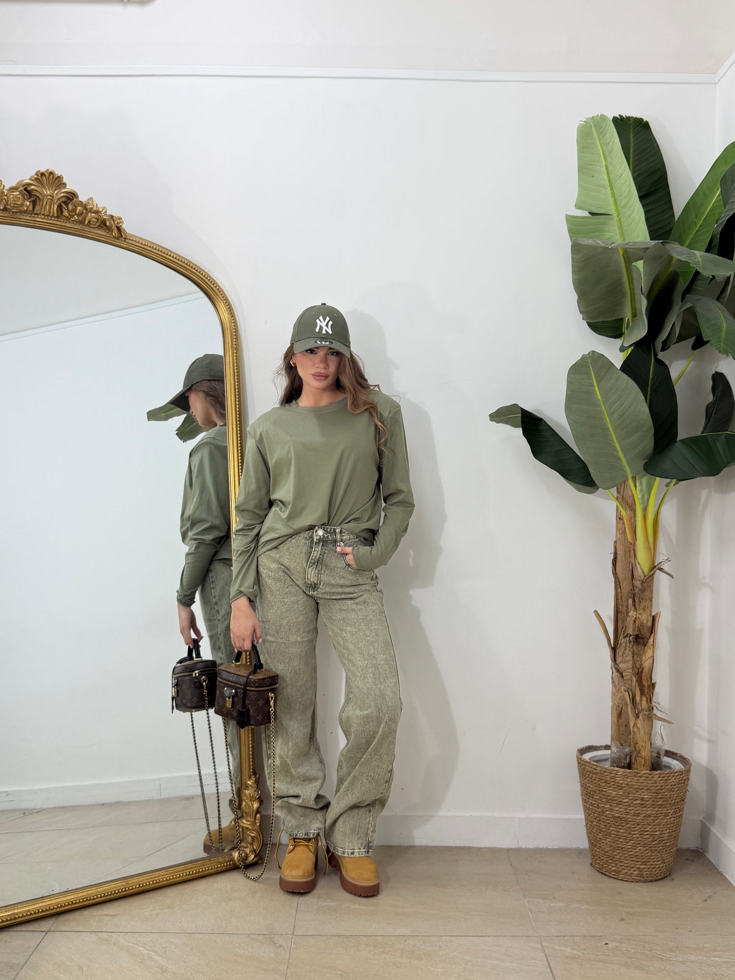 Maxi Shirt basic manica lunga con spalline verde militare