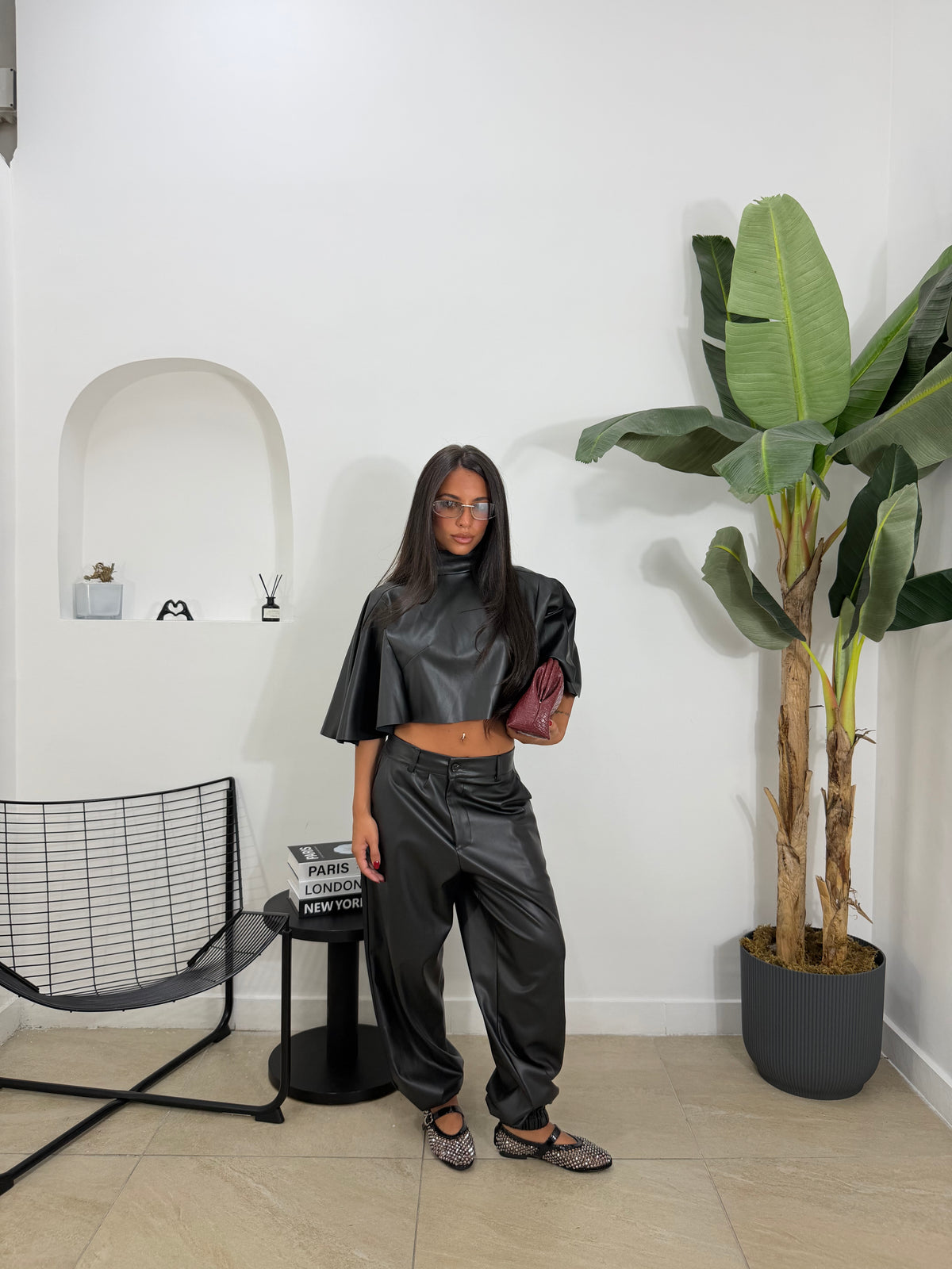 Coordinato in pelle fly nero-100