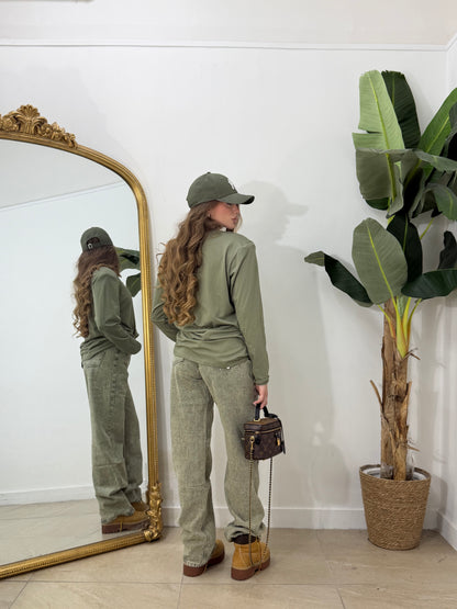 Maxi Shirt basic manica lunga con spalline verde militare