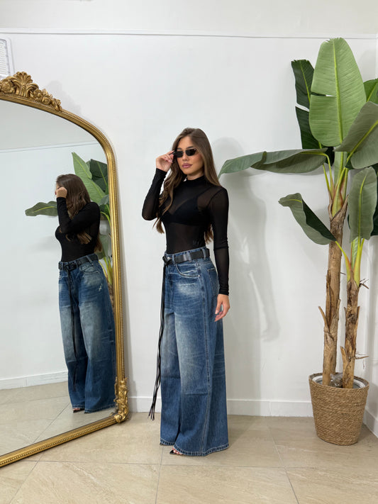 Jeans con cintura in pelle -652