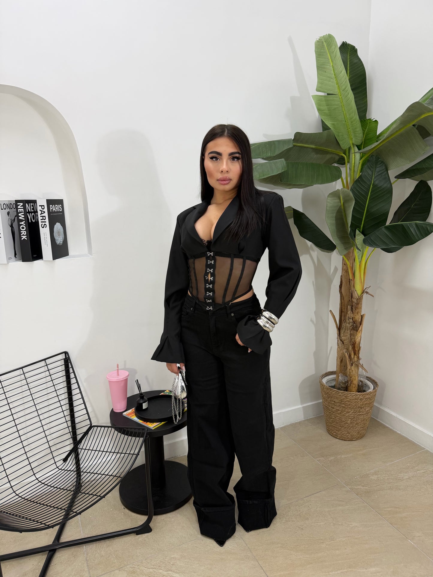 Jeans palazzo nero -3356