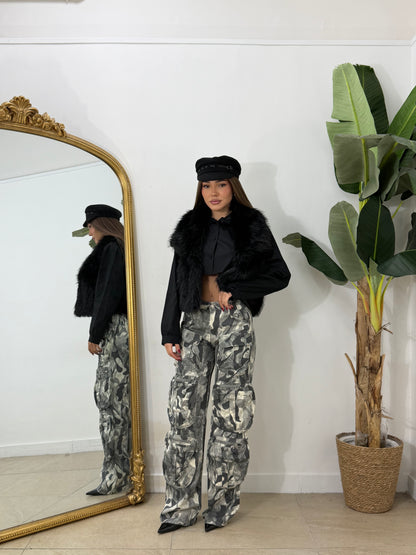 Pelliccia smanicata crop nera