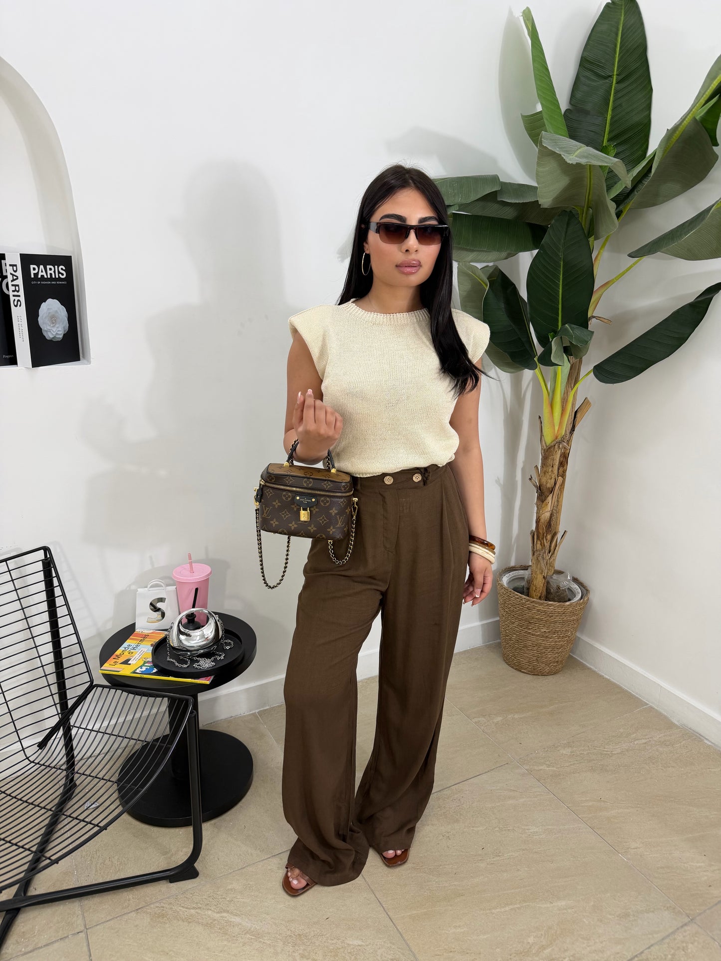 Pantalone in lino marrone -5845