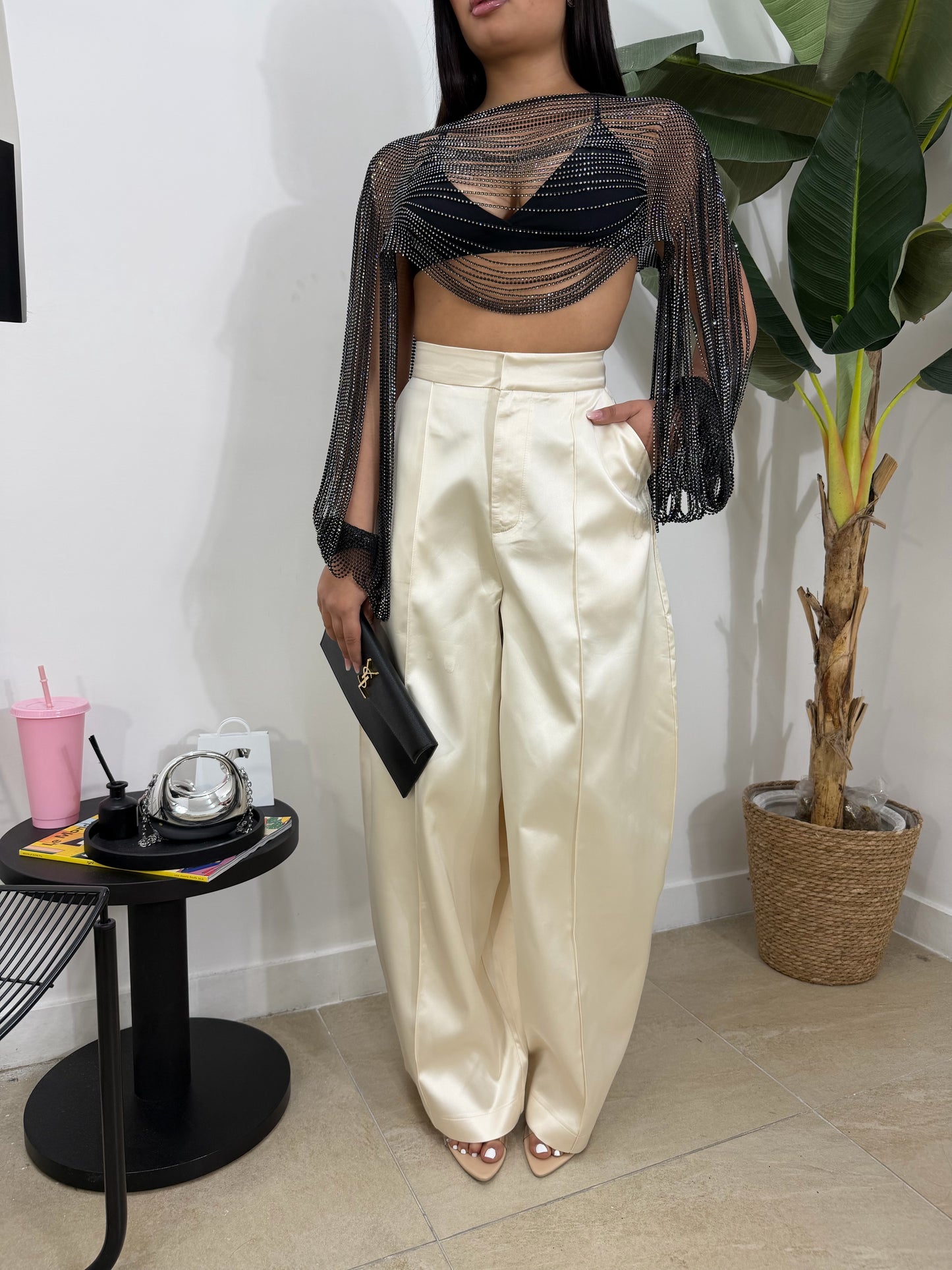 Pantalone raso panna -7735