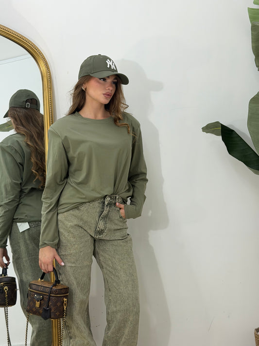 Maxi Shirt basic manica lunga con spalline verde militare
