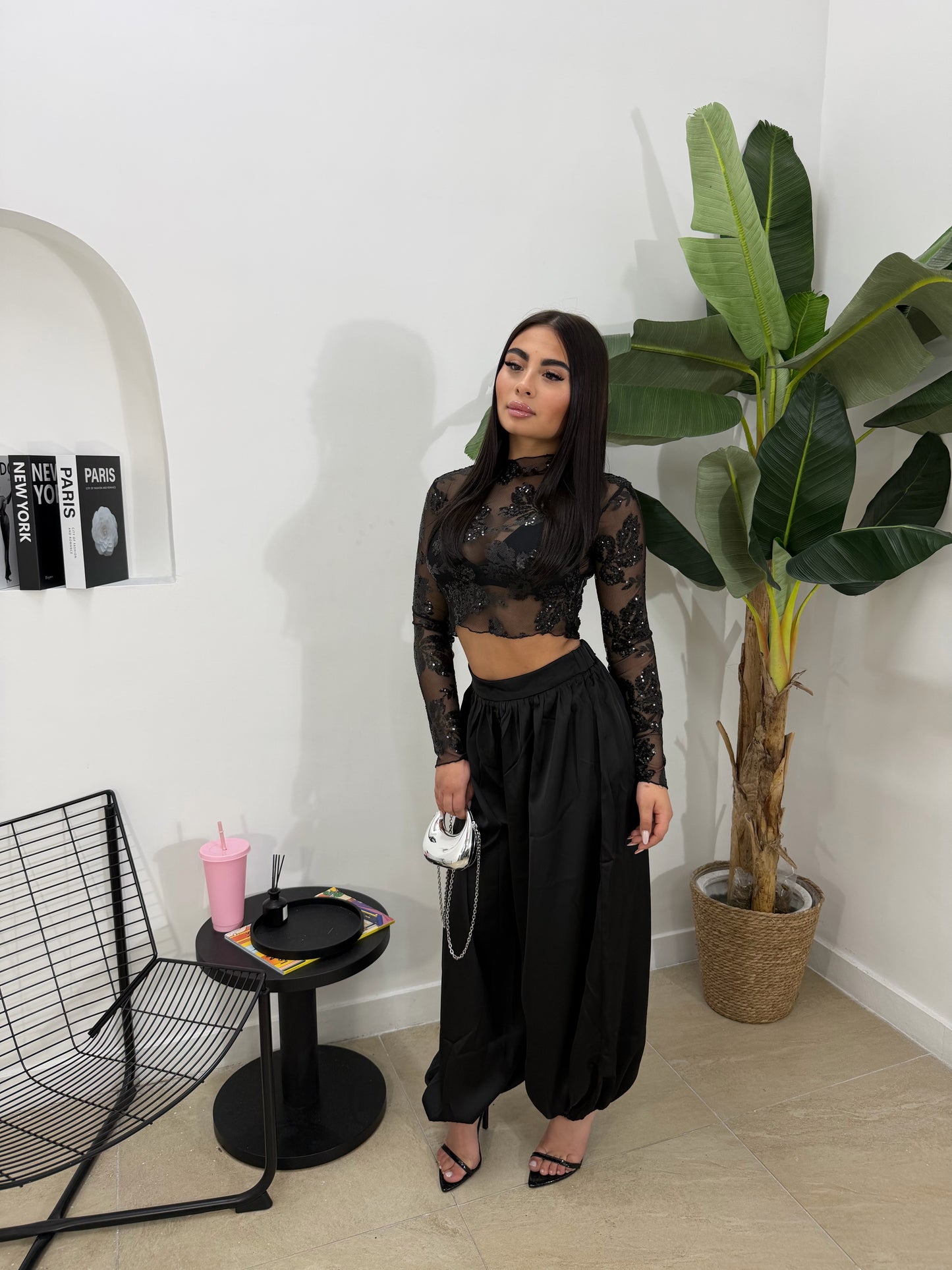 Pantalone satin nero -15861