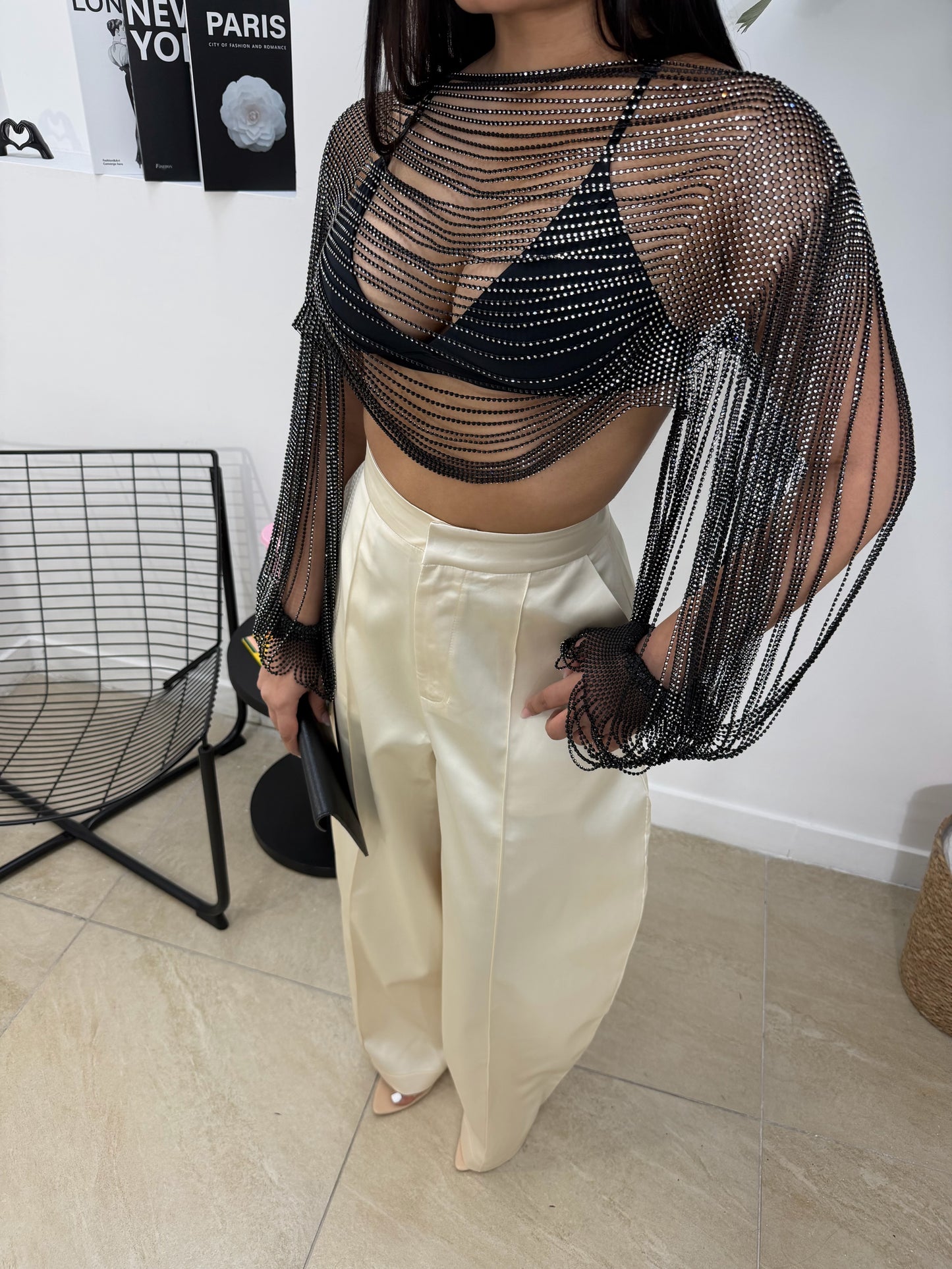 Pantalone raso panna -7735