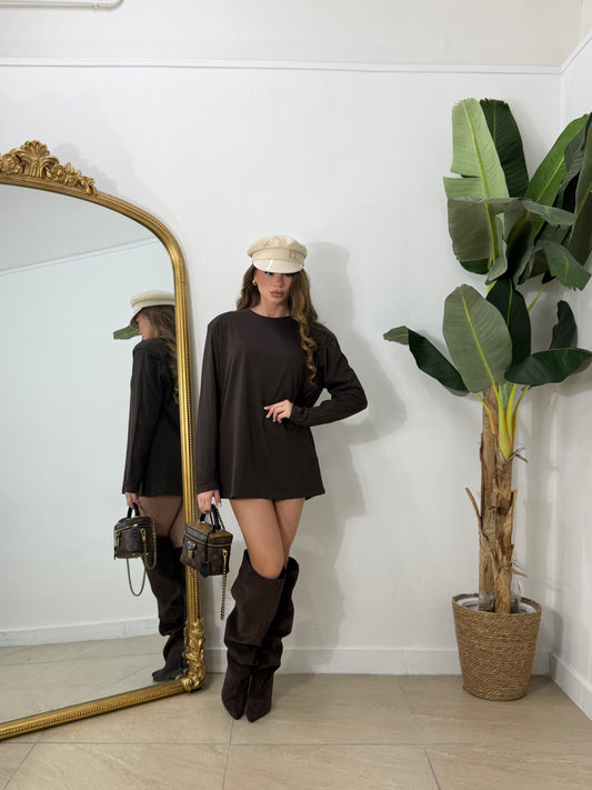 Maxi Shirt basic manica lunga con spalline marrone