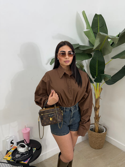 Maxi camicia in cotone marrone