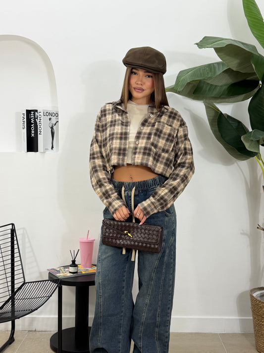 Camicia crop quadri beige/verde