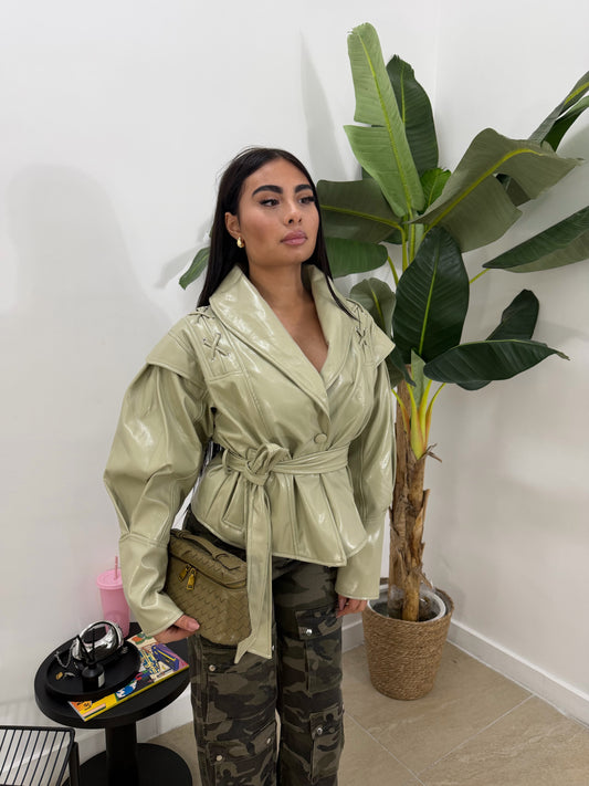 Biker in pelle stringato verde -80773